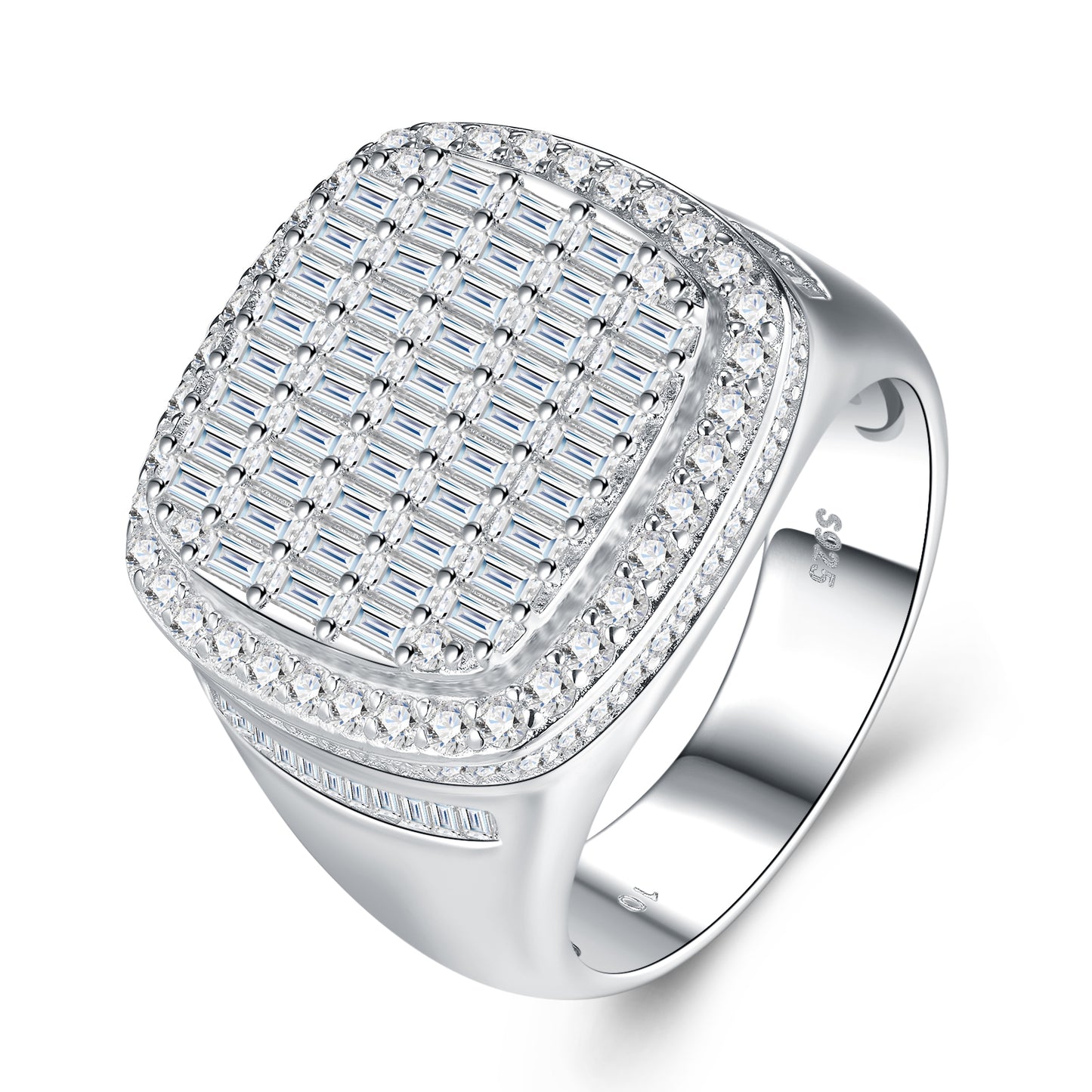 Silver ring with diamond accents on a white background