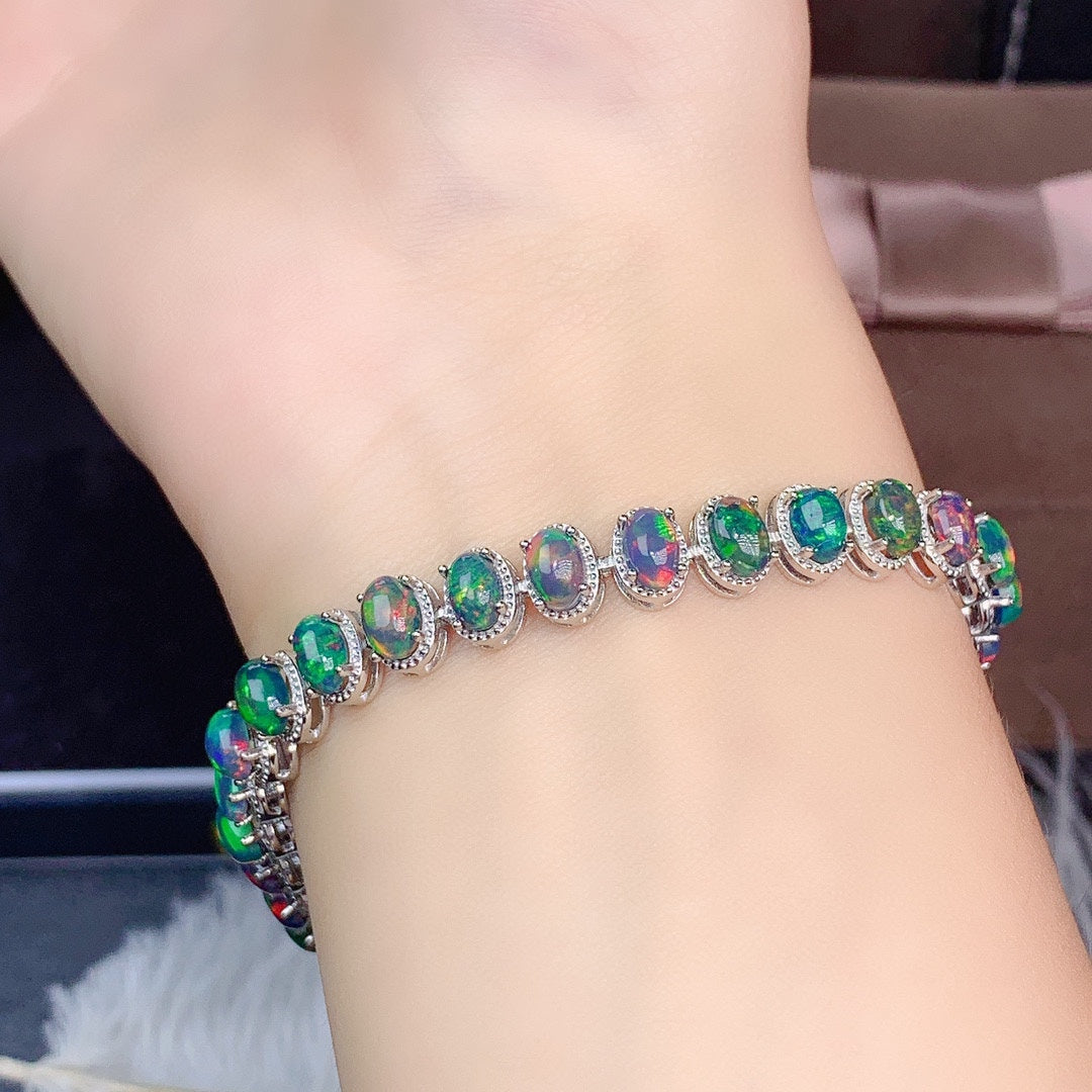 Natural Black Opal & Sterling Silver Bracelet | Elvarina