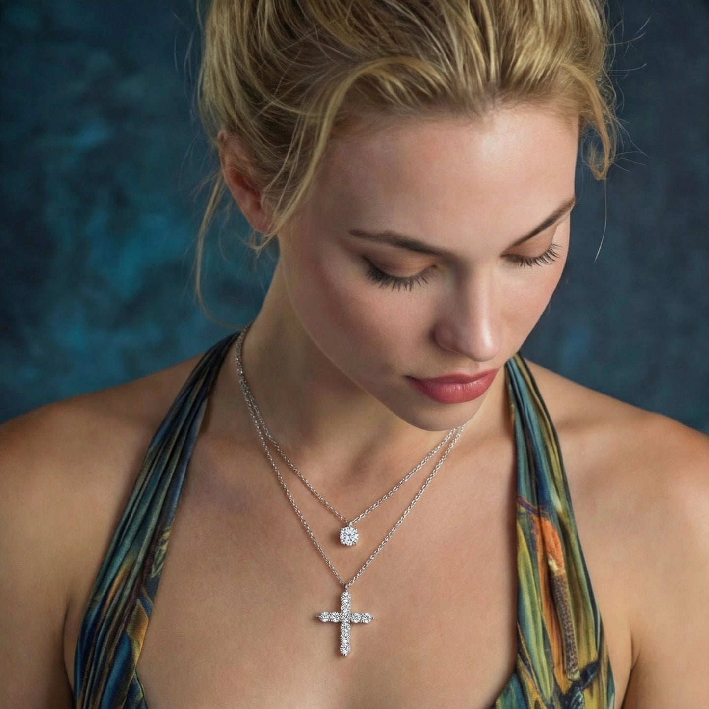 Woman wearing a colorful halter top and two necklaces with pendants against a blue background