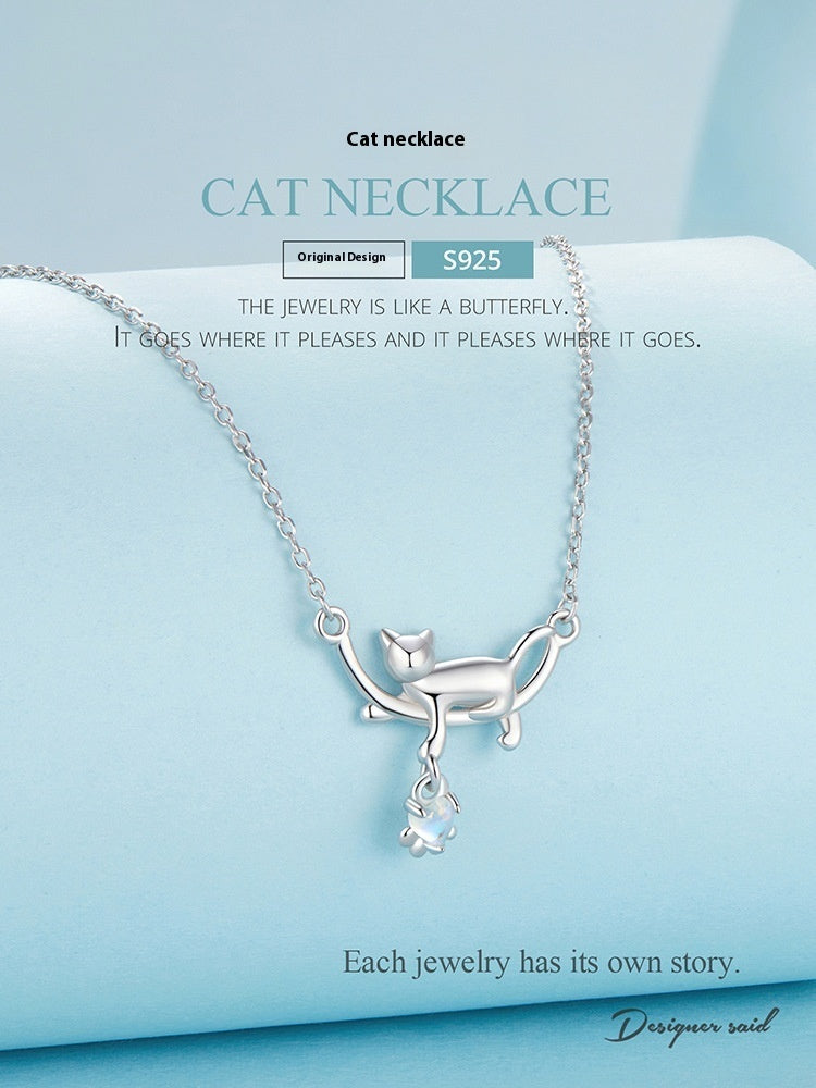 925 Sterling Silver Cat Pendant Necklace | White Gold Plated