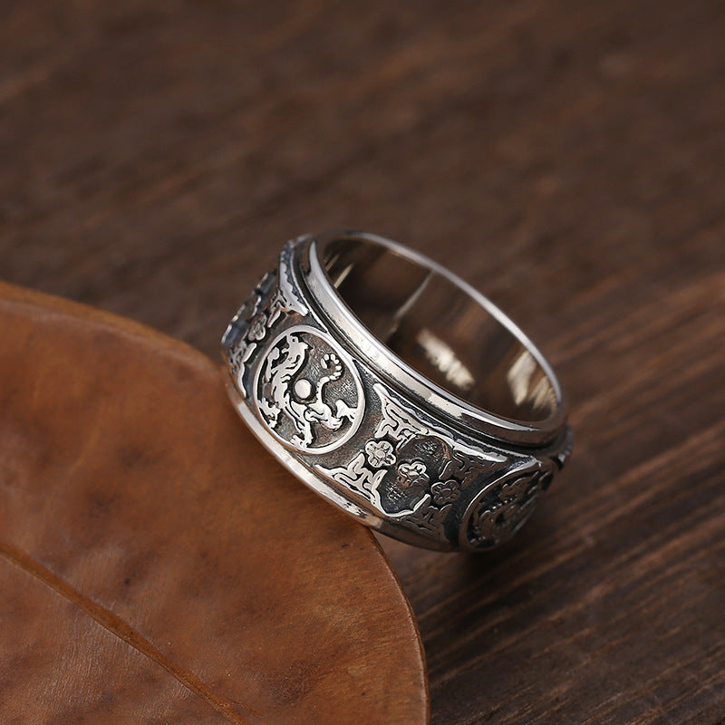 925 Silver Rotatable Zodiac Ring for Men | Carved | Elvarina