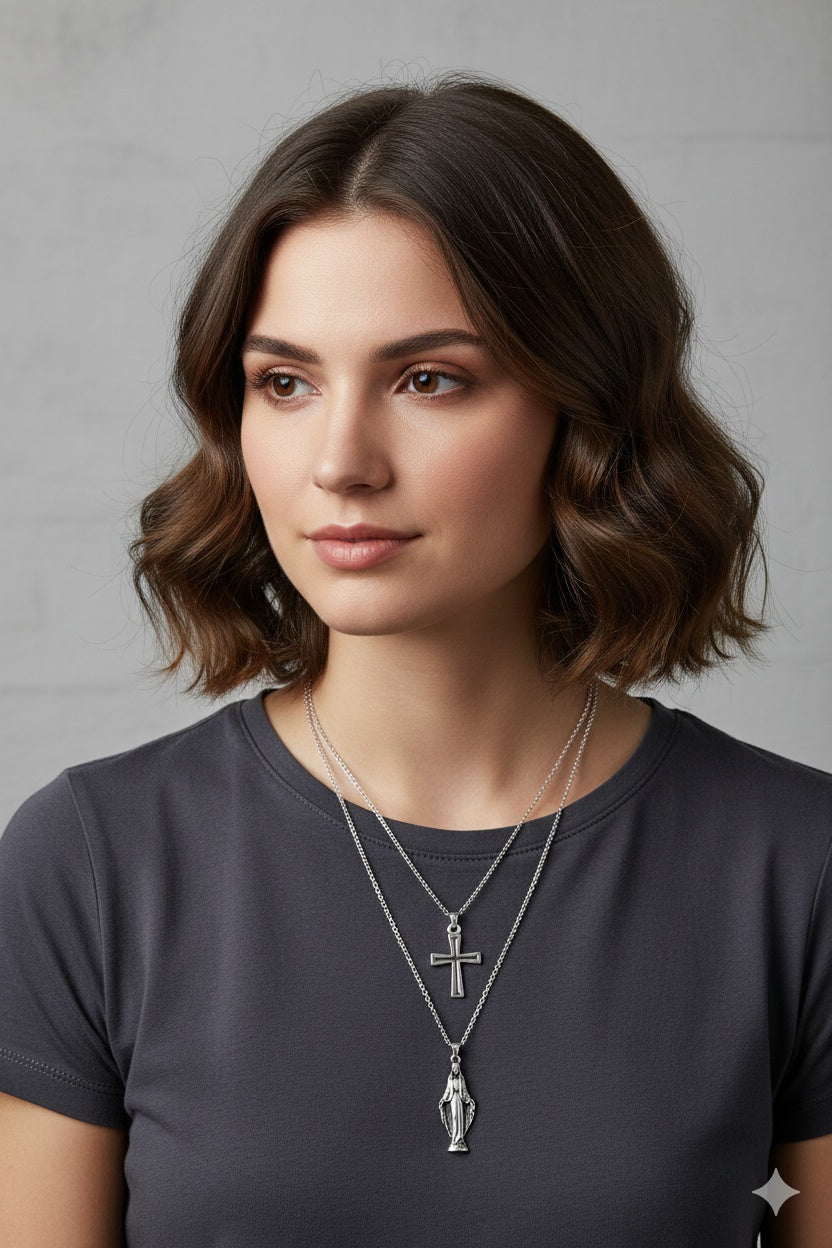 Cross & Virgin Mary 2-Piece Necklace Set for Men | Elvarina