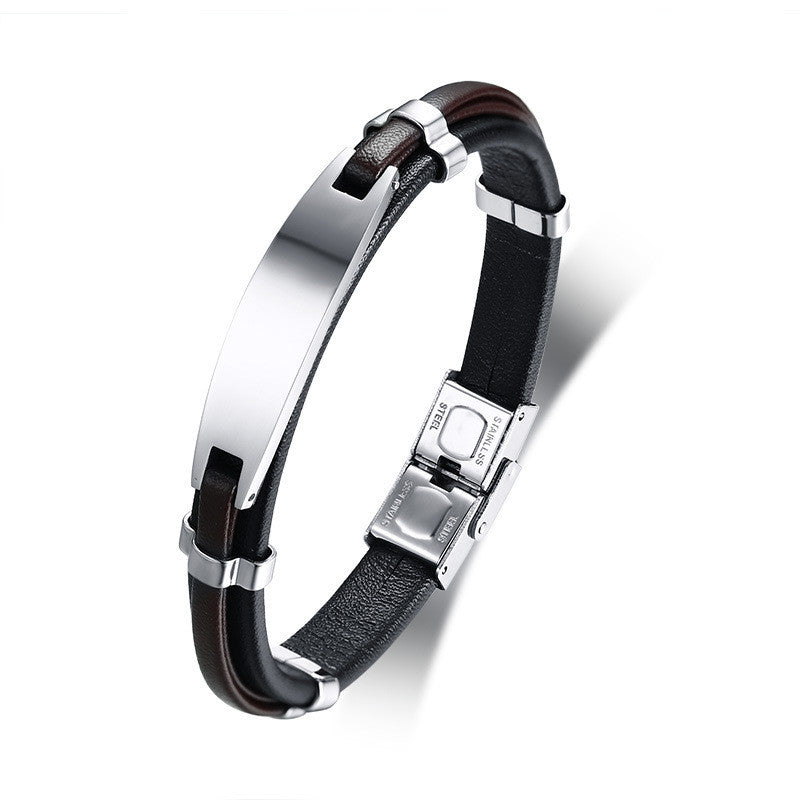 Men's Leather & Steel Bangle Bracelet | Geometric Style | Elvarina