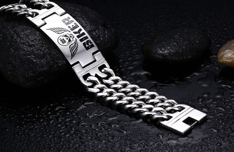 Skull Double Chain Stainless Steel Biker Bracelet for Men | Elvarina