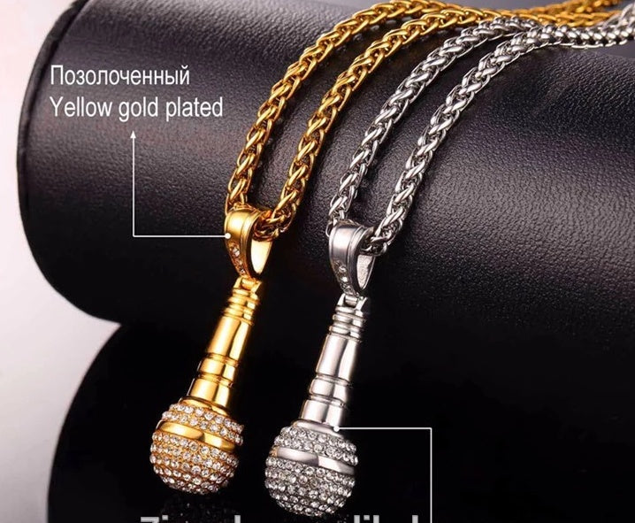 Iced Out Microphone Pendant Necklace 18K Gold Hip Hop - Elvarina