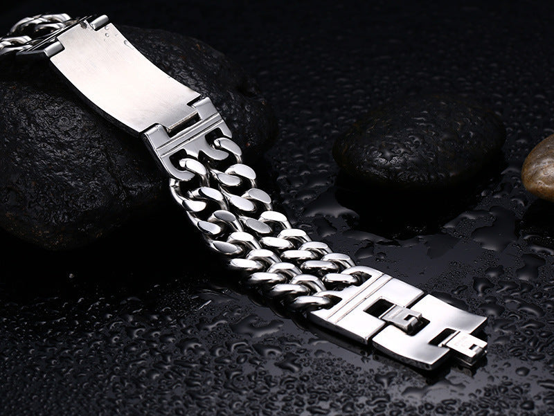 Skull Double Chain Stainless Steel Biker Bracelet for Men | Elvarina