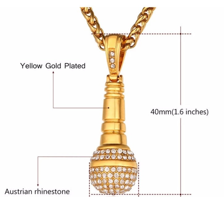 Iced Out Microphone Pendant Necklace 18K Gold Hip Hop - Elvarina