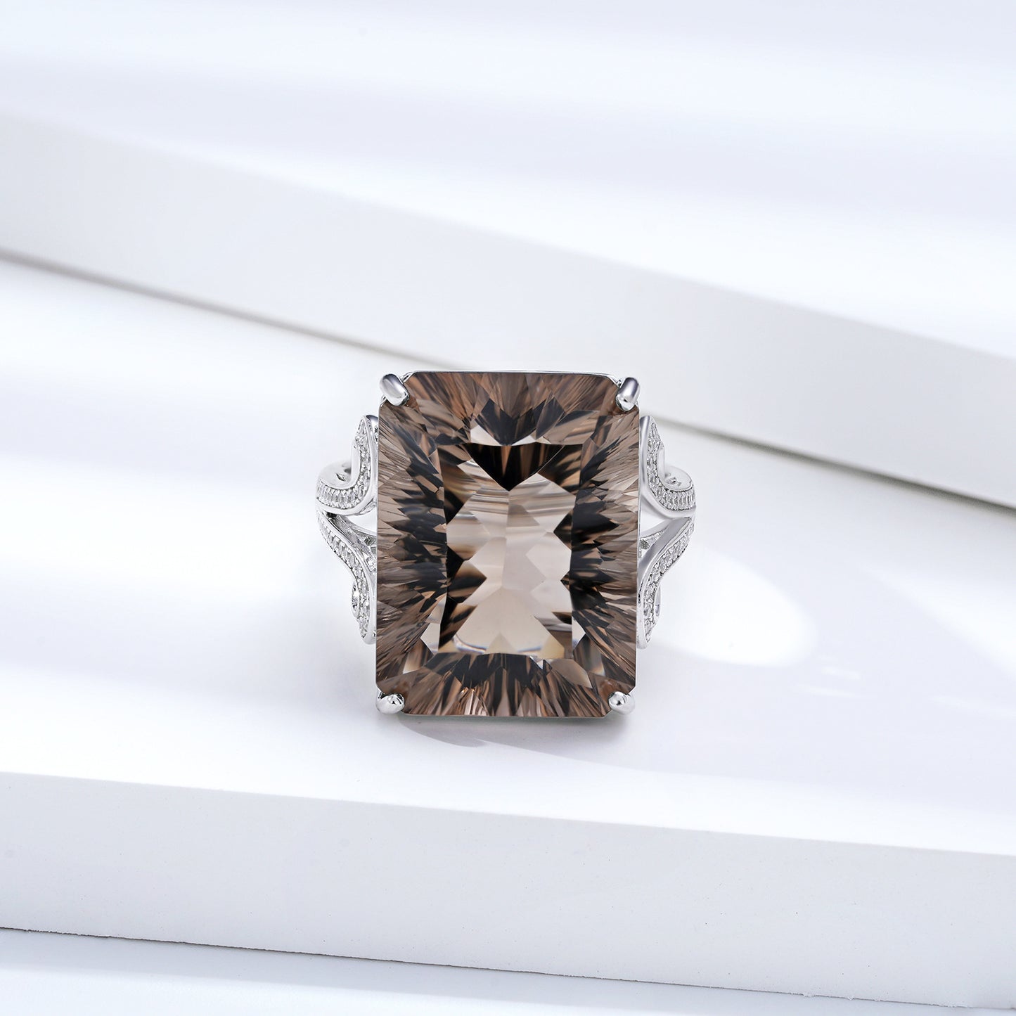 Natural Smoky Tea Crystal Square Ring in 925 Silver | Elvarina