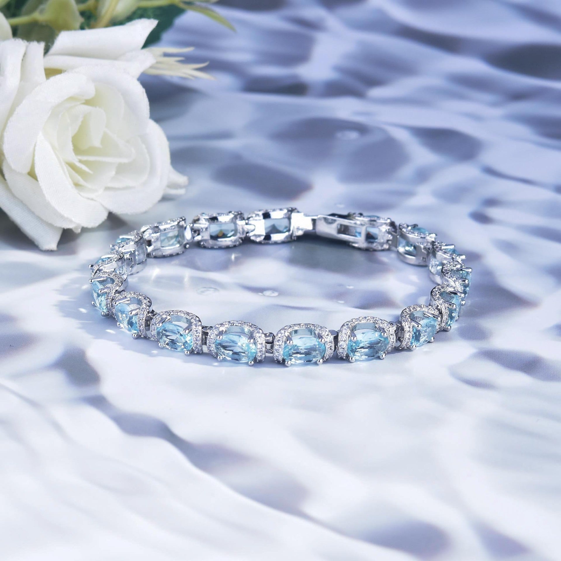 Oval Aquamarine Halo Tennis Bracelet | Elvarina