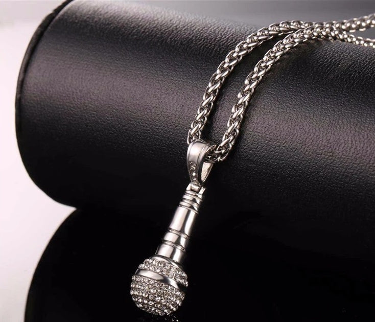 Iced Out Microphone Pendant Necklace 18K Gold Hip Hop - Elvarina