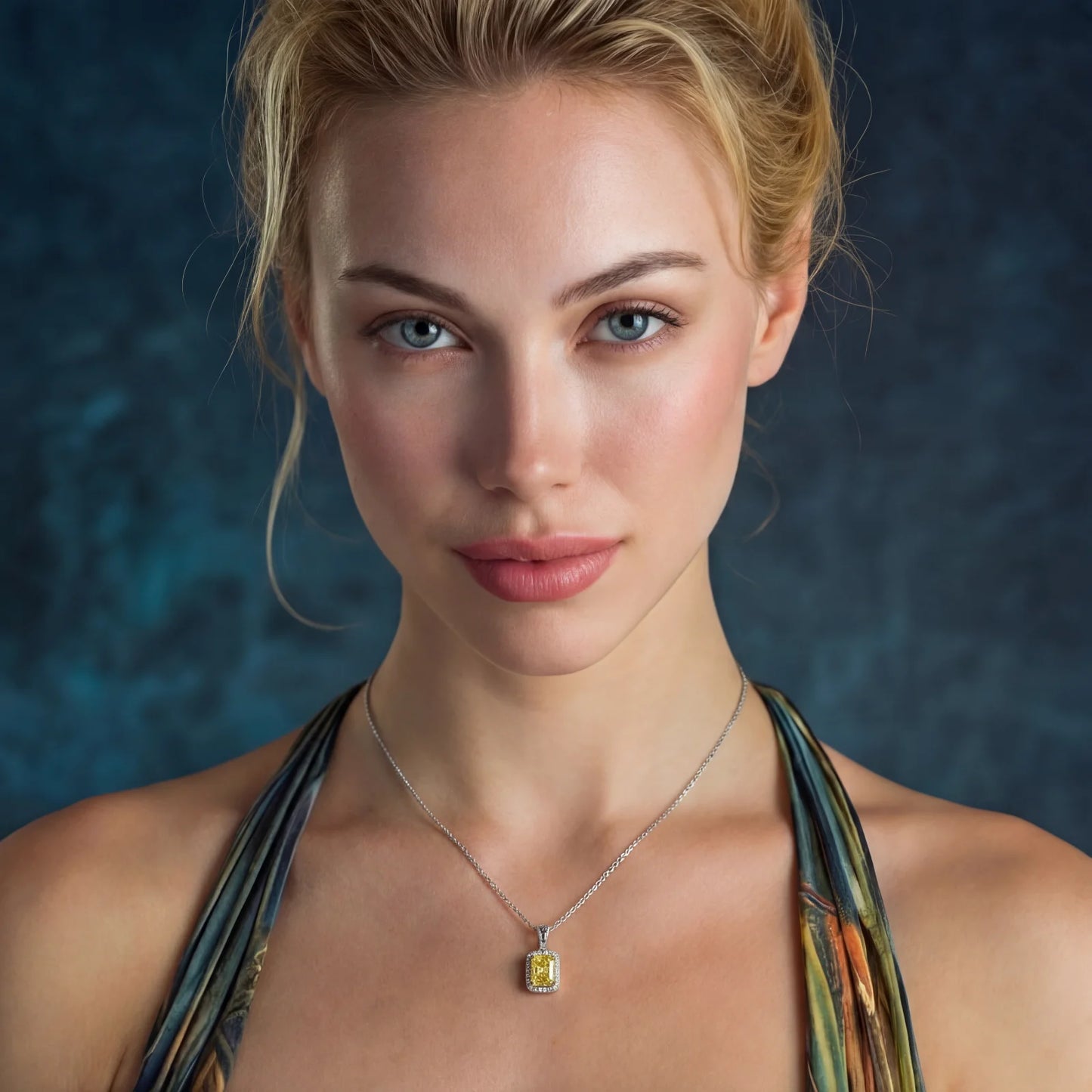 Yellow moissanite jewelry set with emerald-cut stones in sterling silver halo settings.