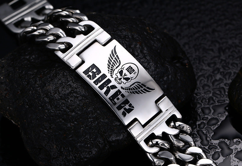 Skull Double Chain Stainless Steel Biker Bracelet for Men