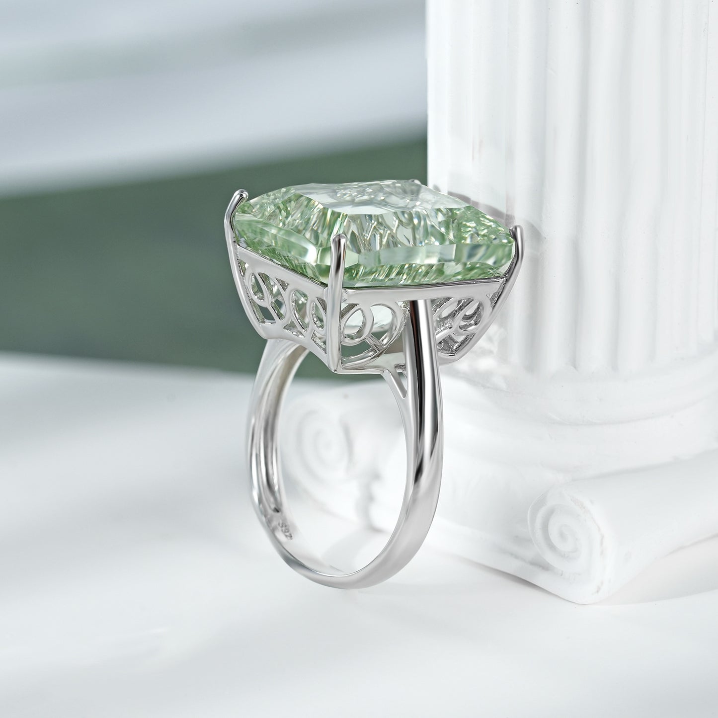 Green Amethyst Egg-Cut Ring in S925 Silver
