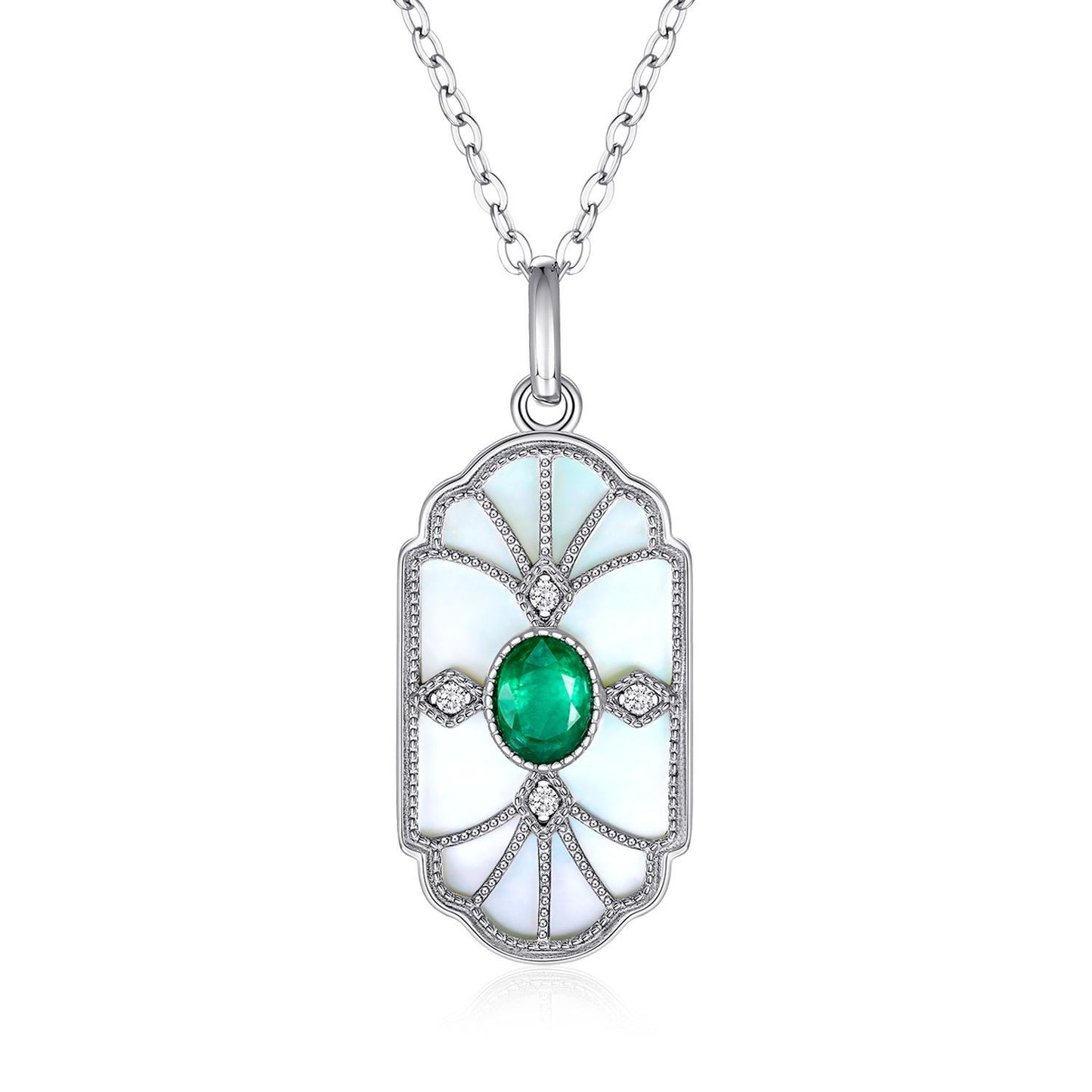 Emerald & Mother Shell Pendant Necklace in S925 Silver