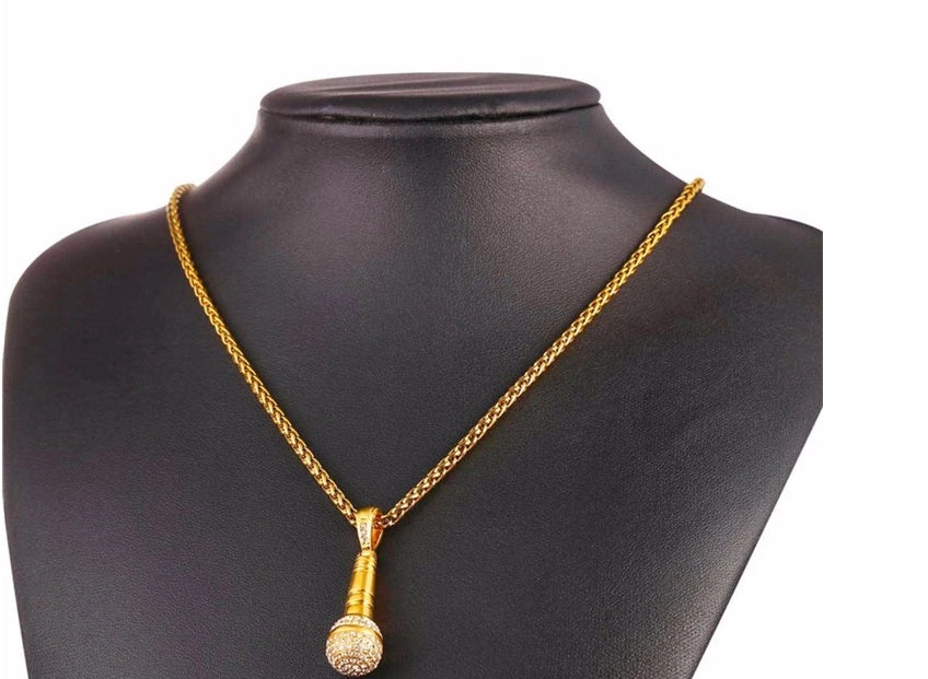 Iced Out Microphone Pendant Necklace 18K Gold Hip Hop - Elvarina