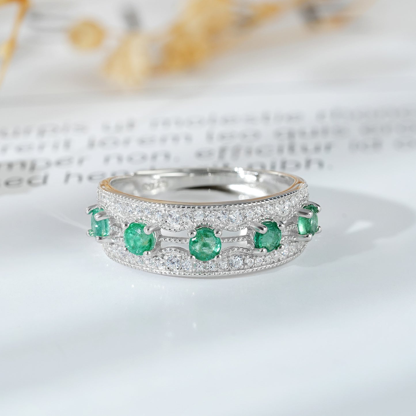 Natural Emerald Row Ring | S925 Silver | Elvarina