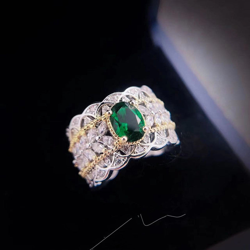 Emerald Zircon Open Ring | Vintage Gold-Plated Band | Elvarina