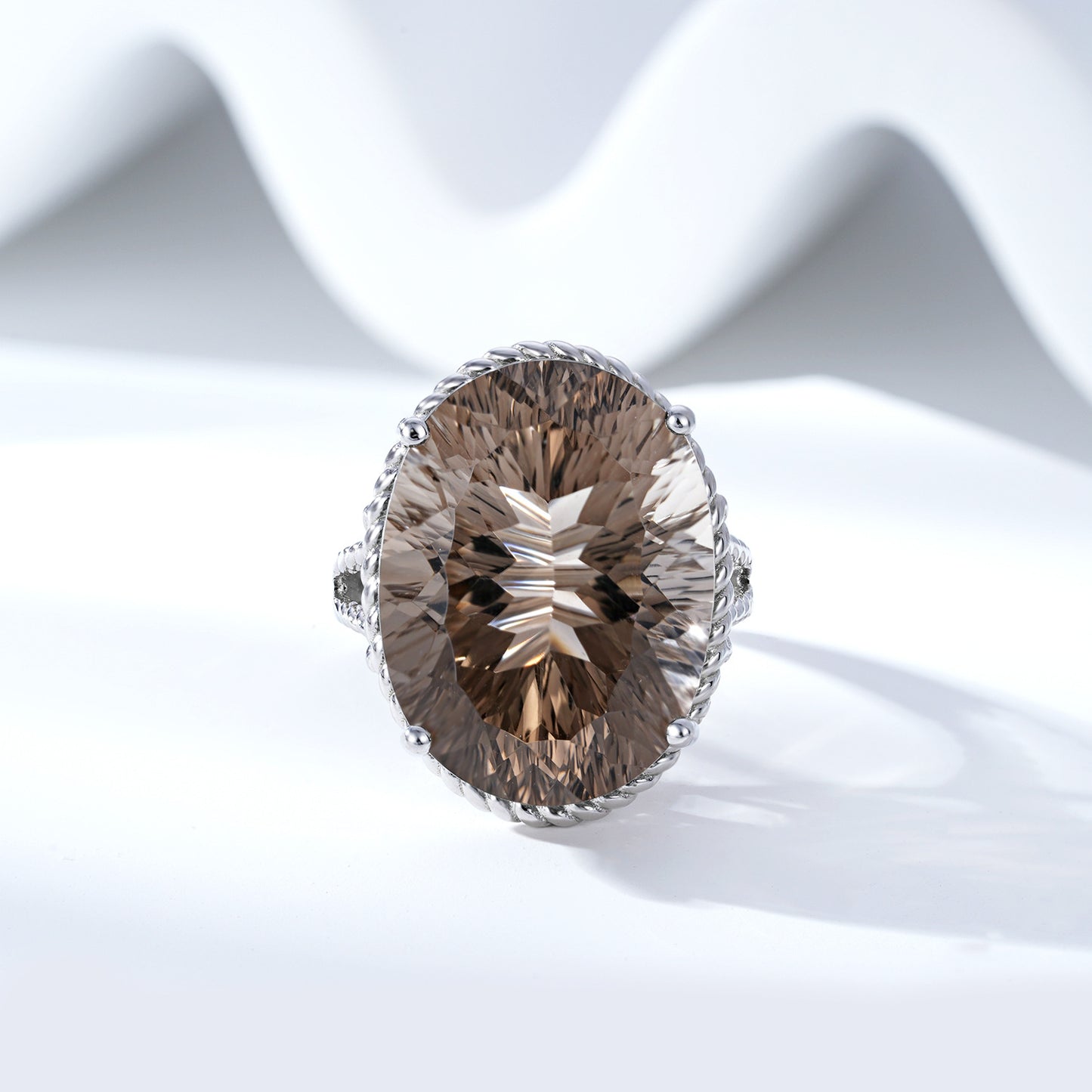 Natural Smoky Tea Crystal Ring in S925 Silver | Elvarina