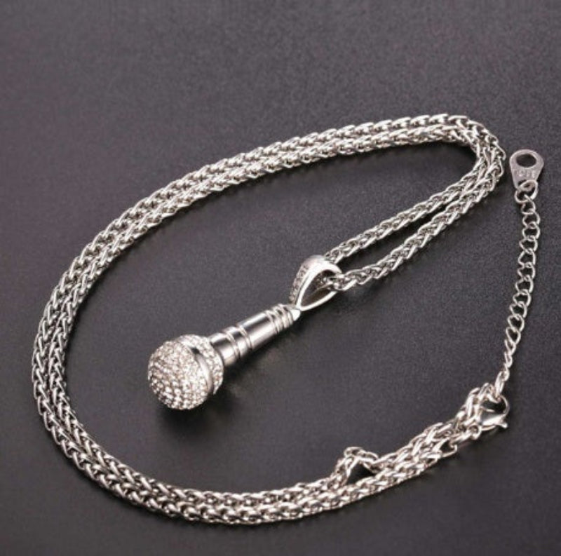 Iced Out Microphone Pendant Necklace 18K Gold Hip Hop - Elvarina