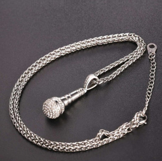 Iced Out Microphone Pendant Necklace 18K Gold Hip Hop - Elvarina