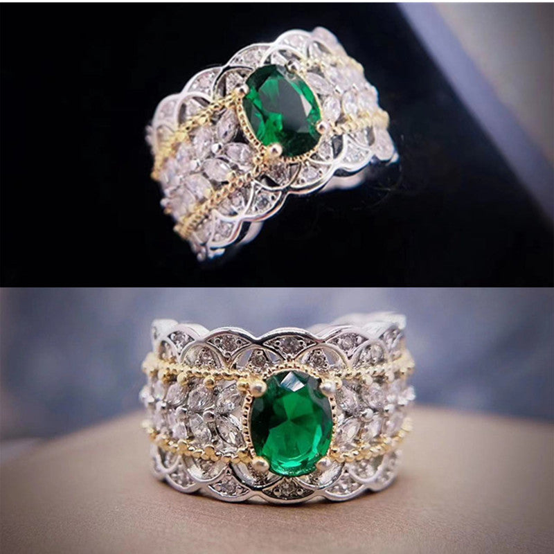 Emerald Zircon Open Ring | Vintage Gold-Plated Band | Elvarina