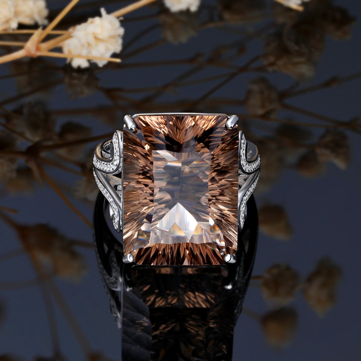 Natural Smoky Tea Crystal Square Ring in 925 Silver | Elvarina