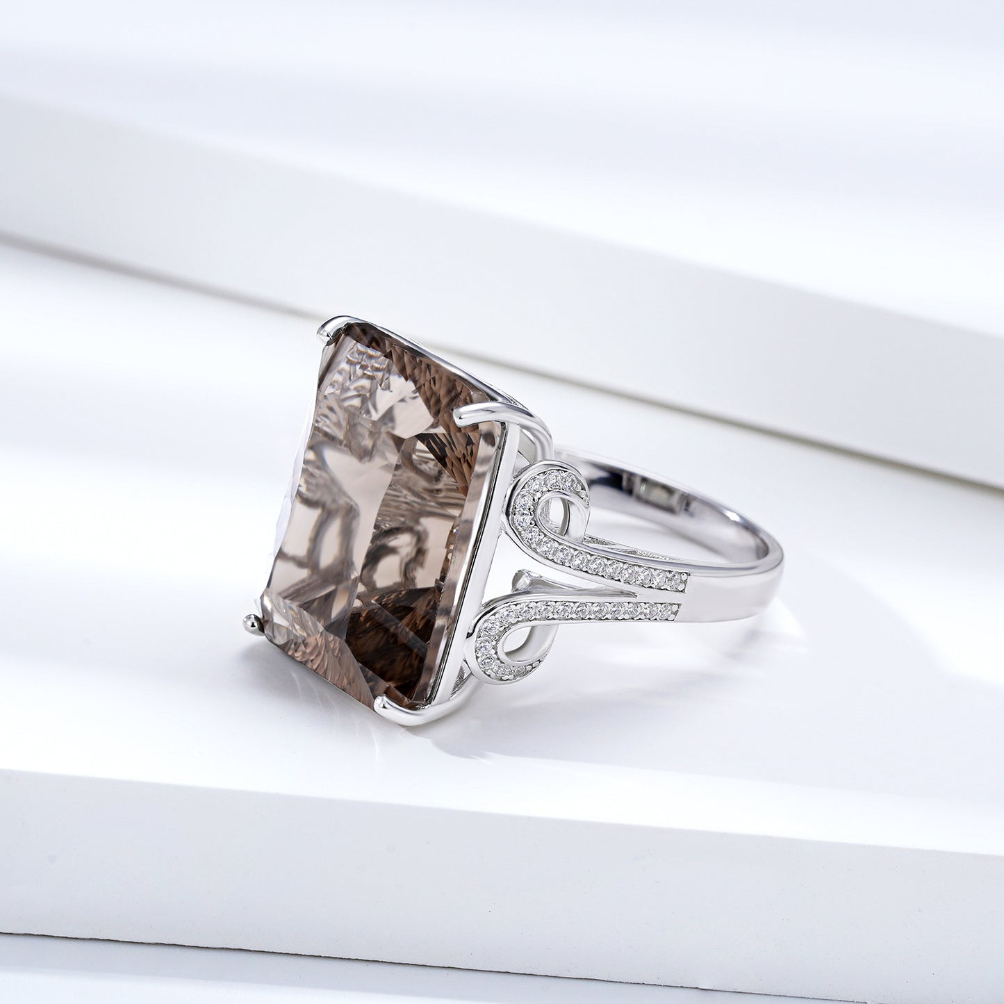 Natural Smoky Tea Crystal Square Ring in 925 Silver | Elvarina
