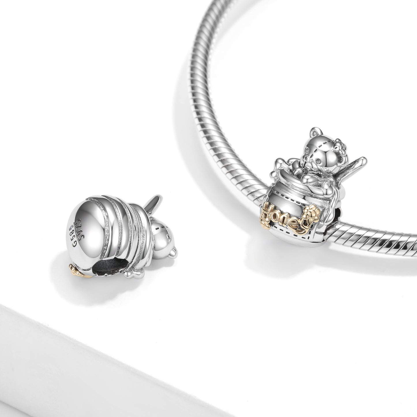 Honey Bear Charm Bead in S925 Silver & 14K Gold