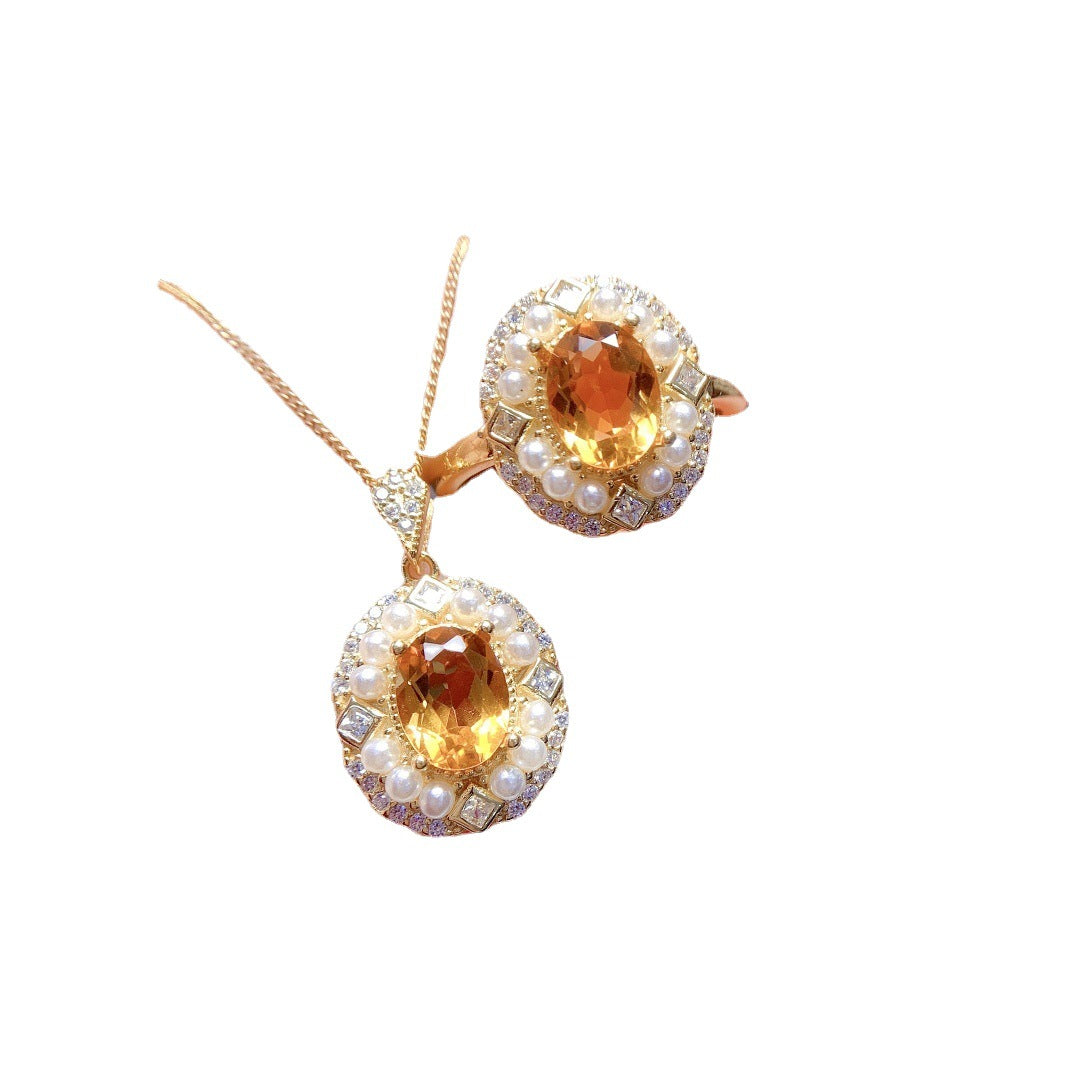 925 Silver Natural Citrine Pendant & Ring | Korean Style | Elvarina