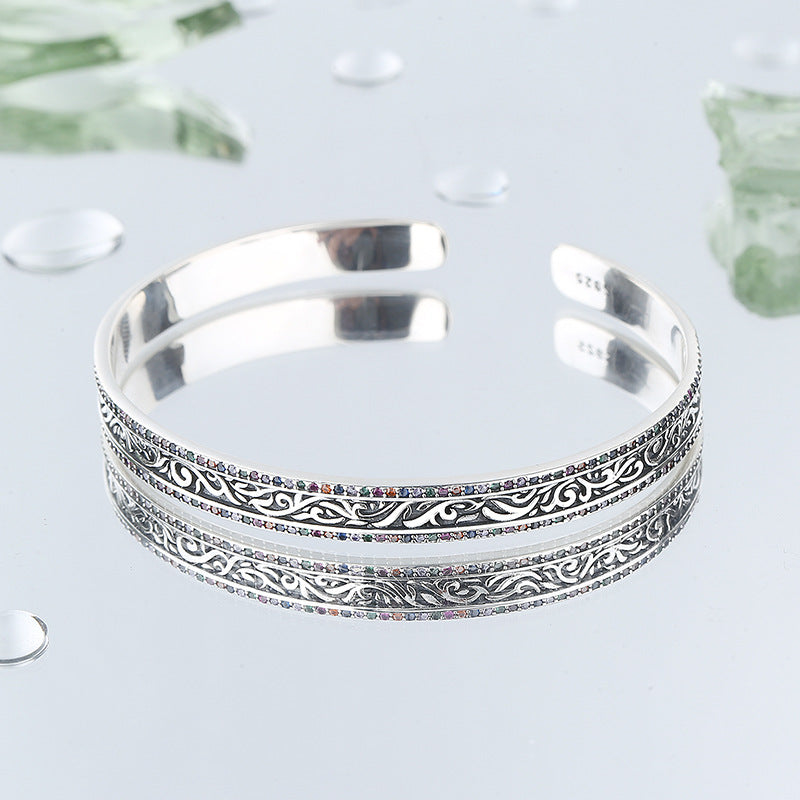 Retro Tang Grass Rattan Carved Bracelet in S925 Sterling Silver |Elvarina