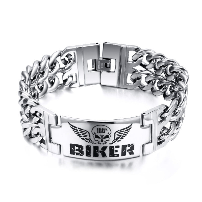 Skull Double Chain Stainless Steel Biker Bracelet for Men | Elvarina