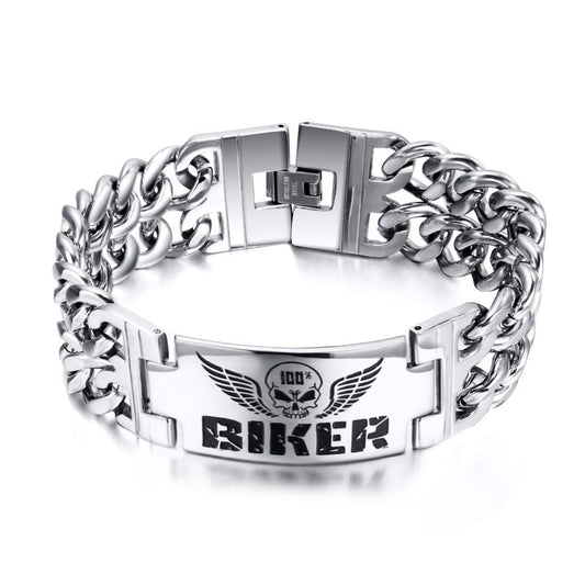 Skull Double Chain Stainless Steel Biker Bracelet for Men | Elvarina