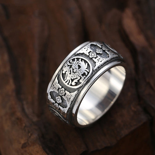 925 Silver Rotatable Zodiac Ring for Men | Carved | Elvarina
