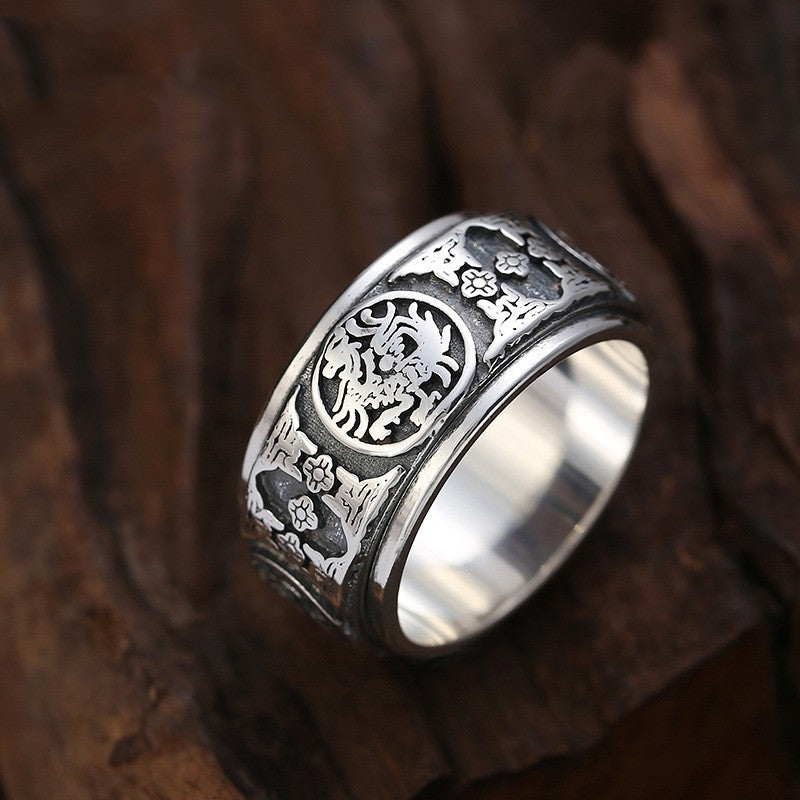 925 Silver Rotatable Zodiac Ring for Men | Carved | Elvarina