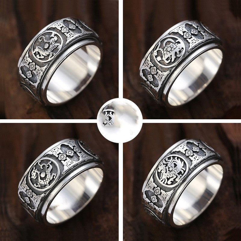 925 Silver Rotatable Zodiac Ring for Men | Carved | Elvarina