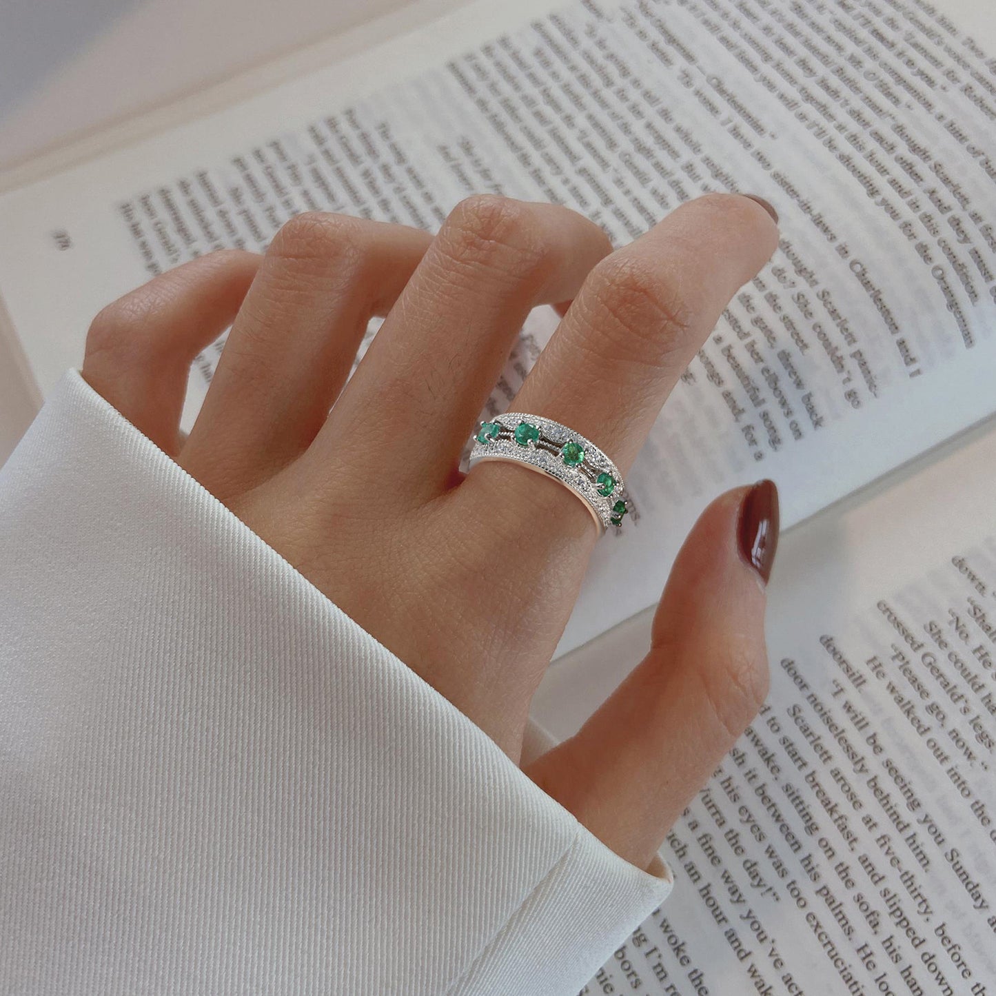 Natural Emerald Row Ring | S925 Silver | Elvarina
