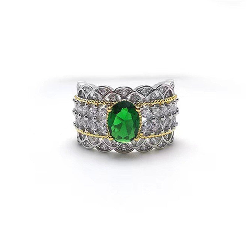Emerald Zircon Open Ring | Vintage Gold-Plated Band | Elvarina