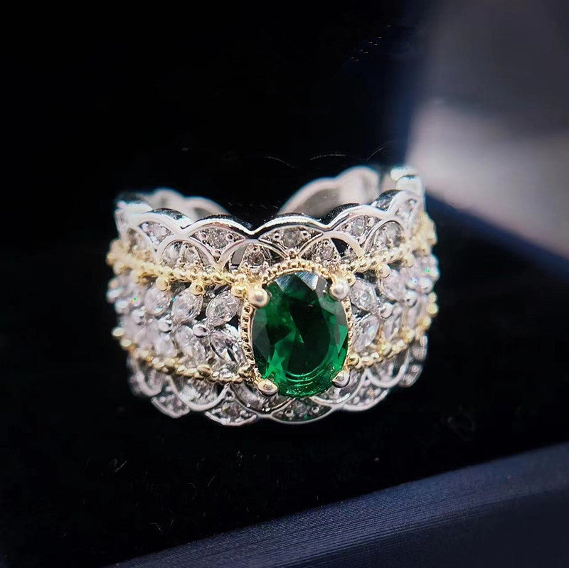 Emerald Zircon Open Ring | Vintage Gold-Plated Band | Elvarina