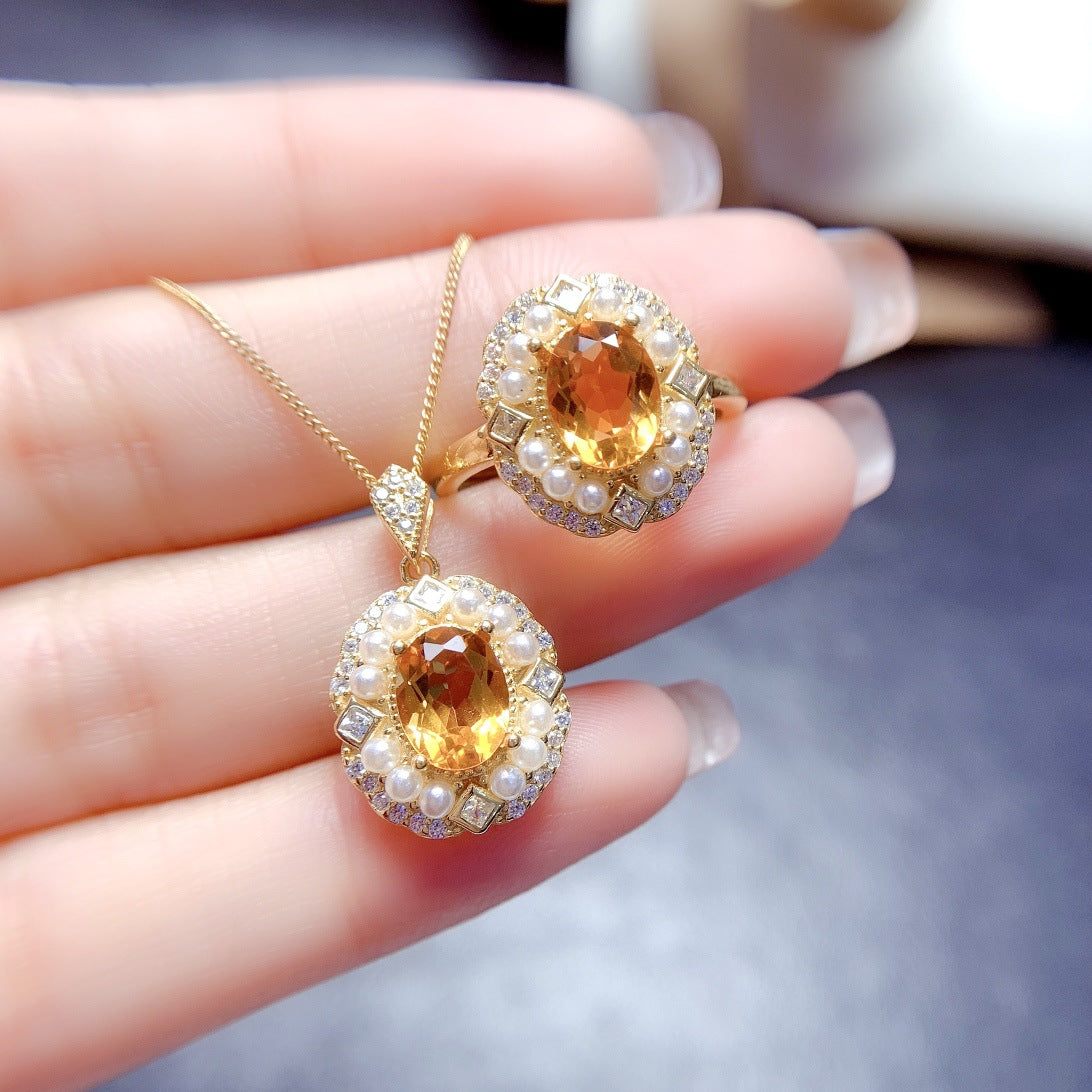 925 Silver Natural Citrine Pendant & Ring | Korean Style | Elvarina