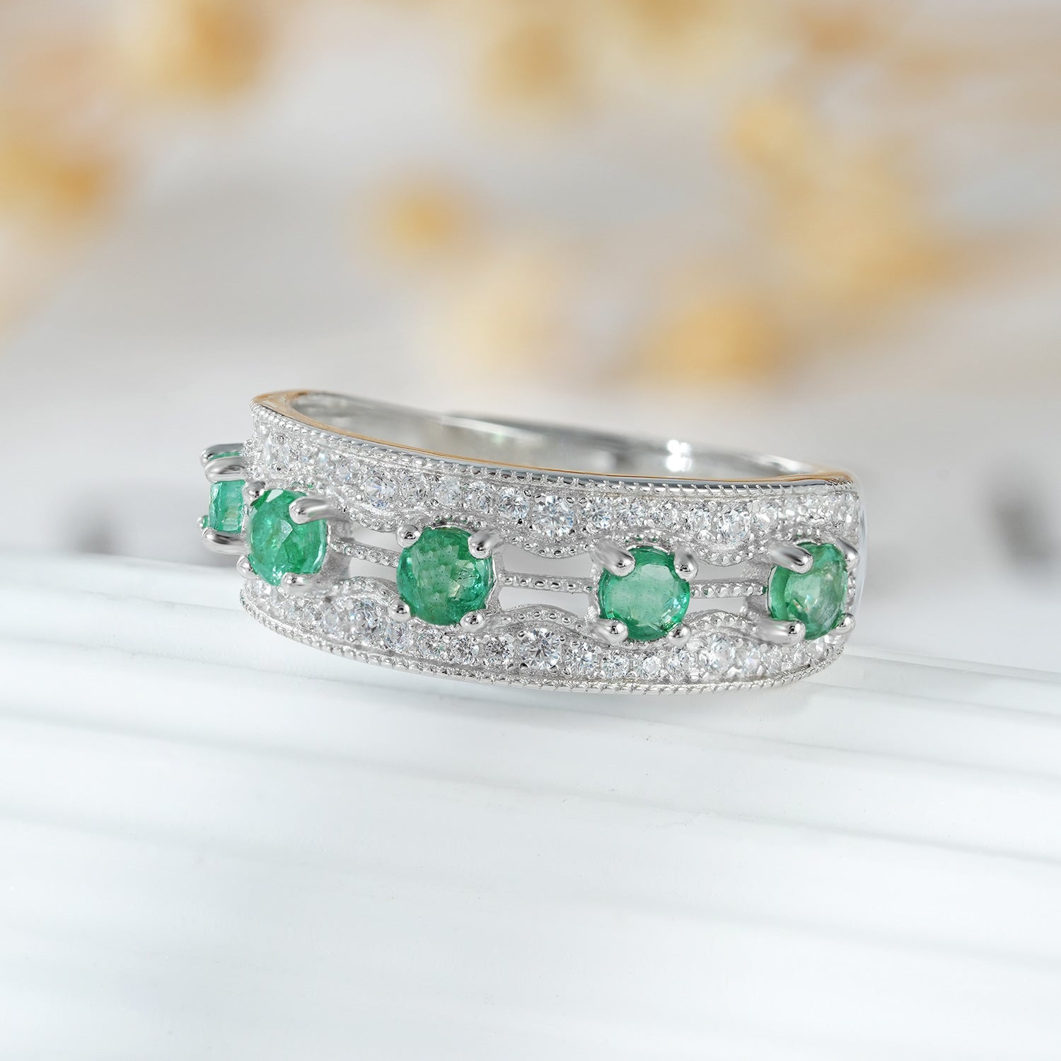 Natural Emerald Row Ring | S925 Silver | Elvarina
