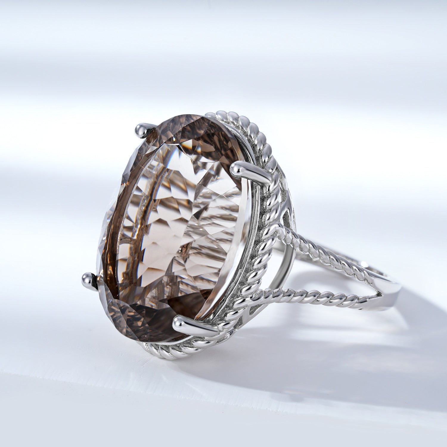 Natural Smoky Tea Crystal Ring in S925 Silver | Elvarina