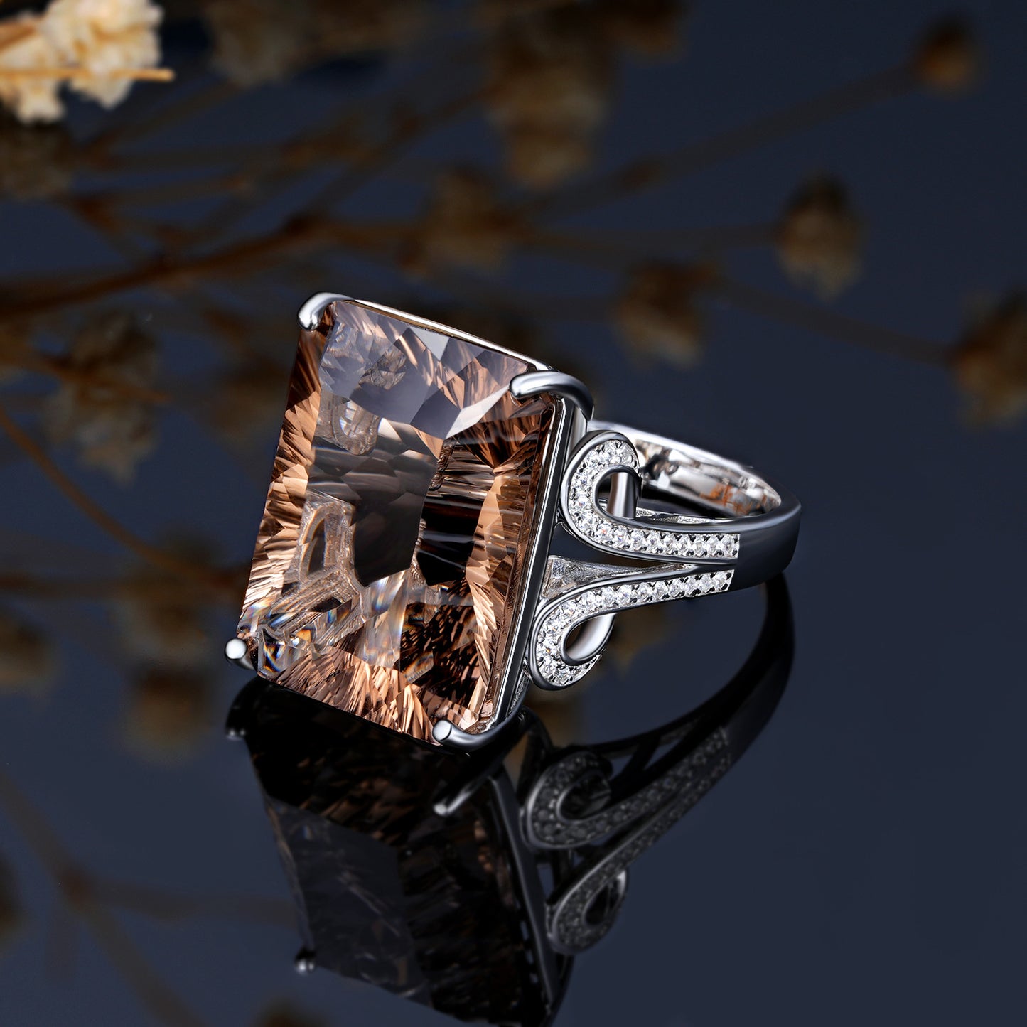 Natural Smoky Tea Crystal Square Ring in 925 Silver | Elvarina