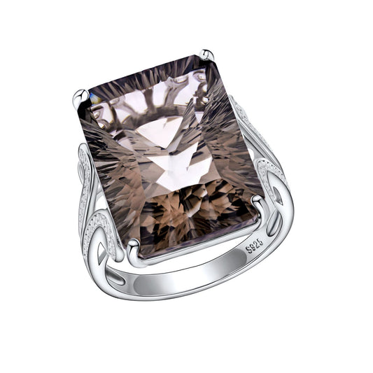 Natural Smoky Tea Crystal Square Ring in 925 Silver | Elvarina