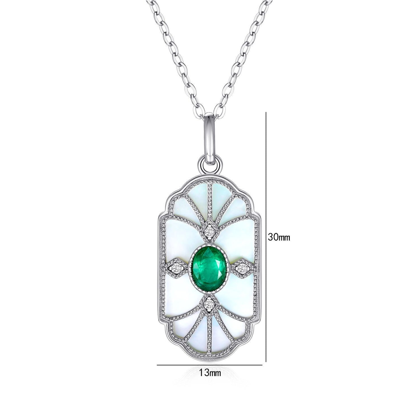 Natural Emerald Mother Shell Pendant Necklace in S925 Silver |Elvarina