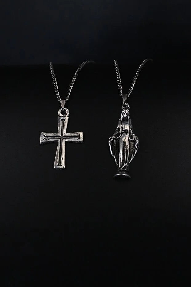 Cross & Virgin Mary 2-Piece Necklace Set for Men | Elvarina