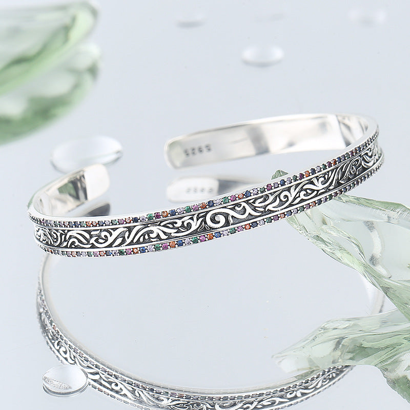 Retro Tang Grass Rattan Carved Bracelet in S925 Sterling Silver |Elvarina