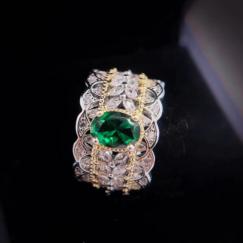 Emerald Zircon Open Ring | Vintage Gold-Plated Band | Elvarina