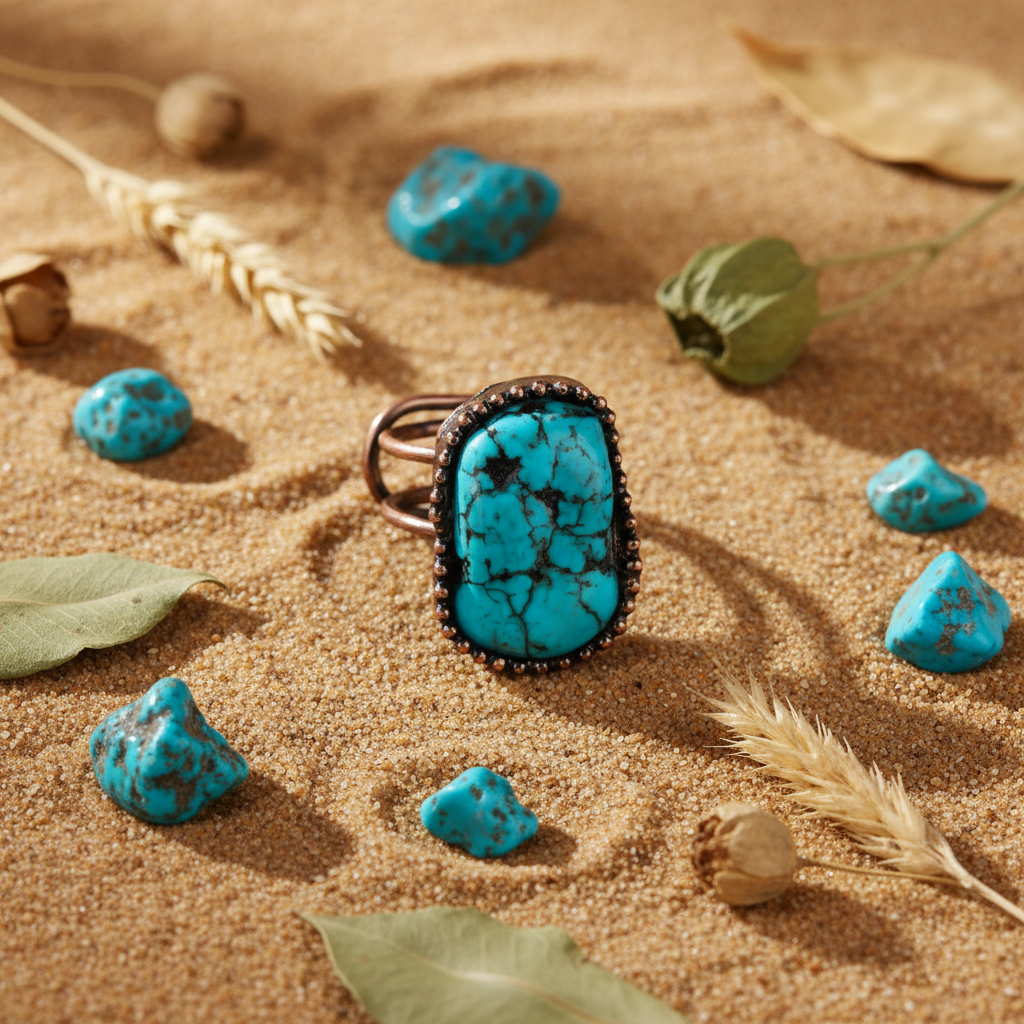 Blue Turquoise Adjustable Open Ring | Handmade Gemstone | Elvarina