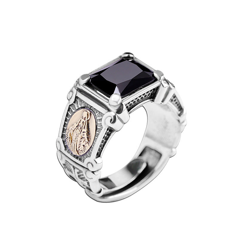 925 Silver Black Onyx Virgin Mary Ring | Adjustable | Elvarina