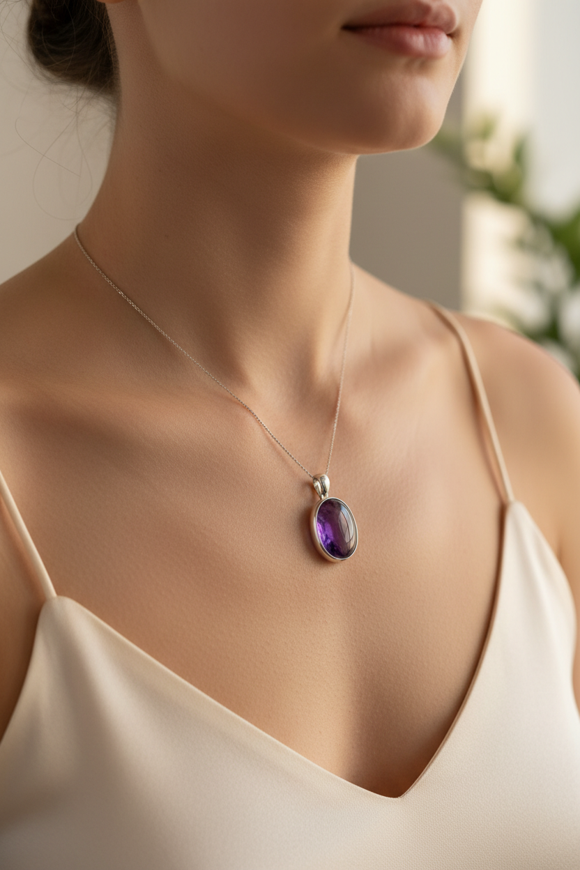 Oval Amethyst Pendant Necklace in 925 Sterling Silver – Elvarina